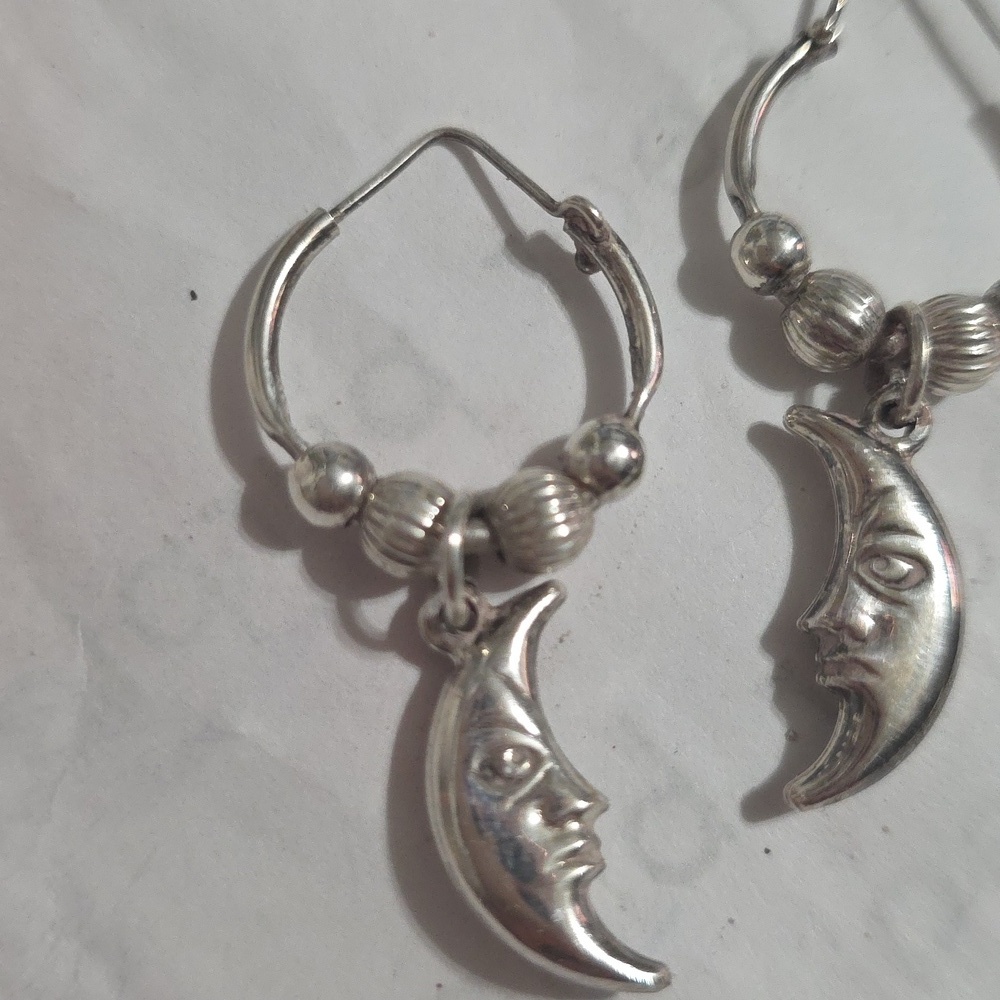 Vintage 925 Moon Hoop Earrings - Picture 3 of 7